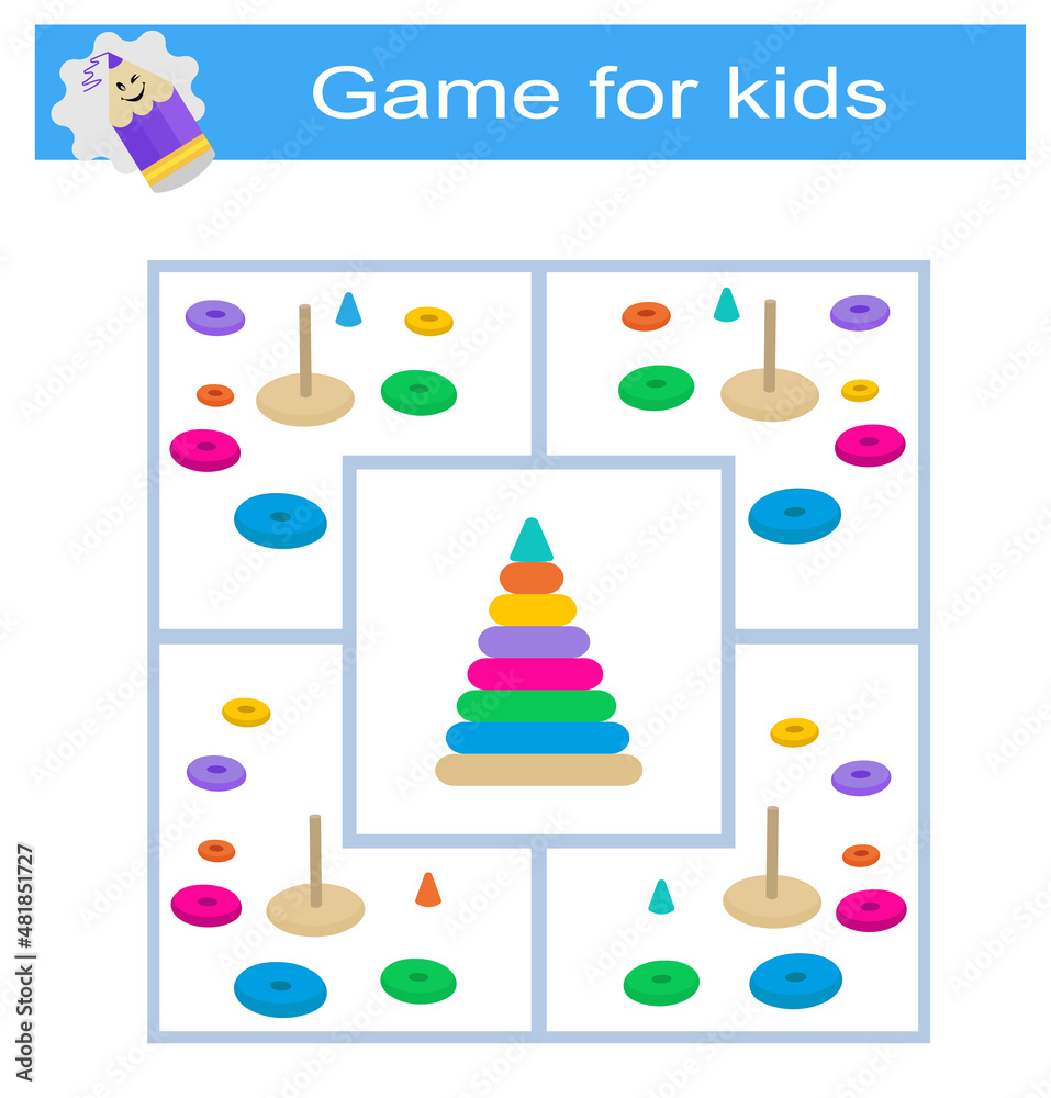 Educational logical game for kids. Find the right pyramid. Preschool worksheet activity