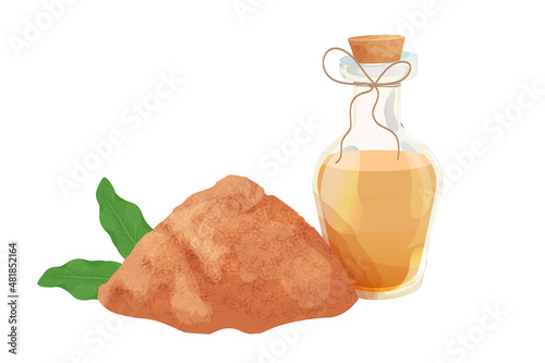 Sandal oil in bottle with wooden cork and rope, powdered Sandalwood and leaves in cartoon style isolated on white background. Ayurveda therapy ingredient 