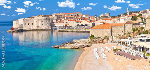 Dubrovnik. Banje beach and historic walls of Dubrovnik panoramic view photo