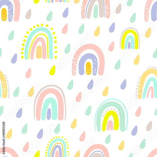 Hand drawn cute rainbow seamless pattern. Rainbow print for baby textiles, fabrics and baby shower cards.