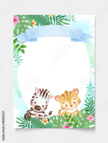 Cute animal collection of safari background set with tiger and zebra vector illustration for invitation card, postcard. Tropical flower and green. Blue ribbon. Watercolor.