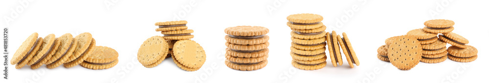 Set with tasty cookies with cream on white background. Banner design Set with tasty cookies with cream on white background. Banner design