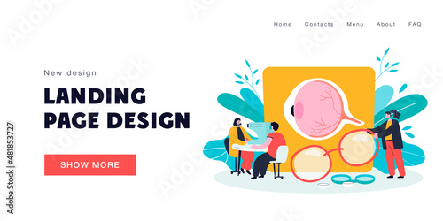Tiny ophthalmologists checking patient vision isolated flat vector illustration. Cartoon doctor in uniform making eye surgery laser correction. Optical medicine and healthcare concept