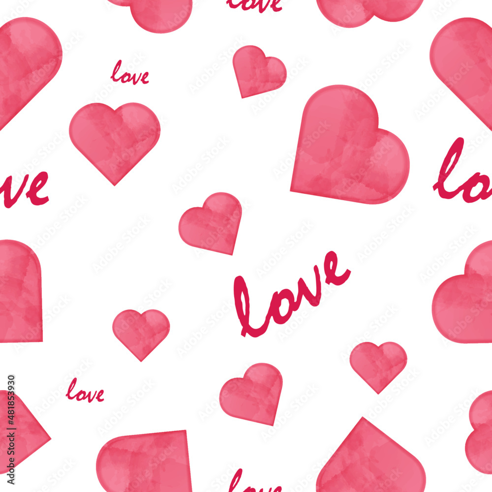 Pattern with watercolor pink red hearts on white background  . Valentine's day. Word Love
