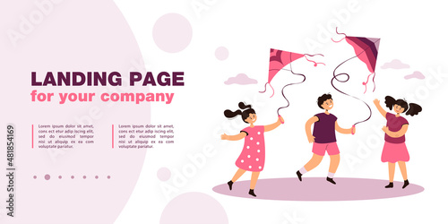 Kids flying kite flat vector illustration. Boy and girls walking on lawn and playing together. Outdoor activity, having fun concept