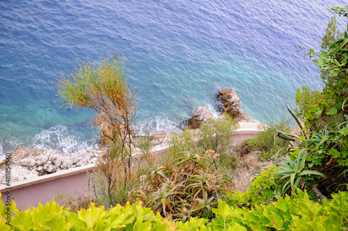 Beautiful concrete embankment in the Fisherman Cove in Monaco. Rocky shore. A steep slope overgrown with aloe bushes. Bright azure-blue sea.