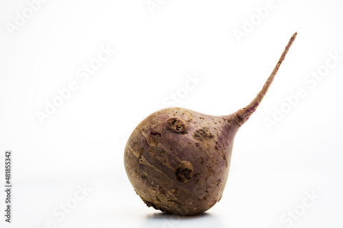 Macro Photo food root vegetable beet on white background. Image of beet vegetable. Texture background fresh big red beet. Copy space