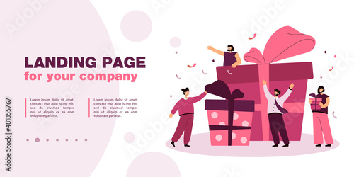 Tiny worker getting special reward. Colleagues giving present to happy person flat vector illustration. Birthday party, performance bonus concept for banner, website design or landing web page