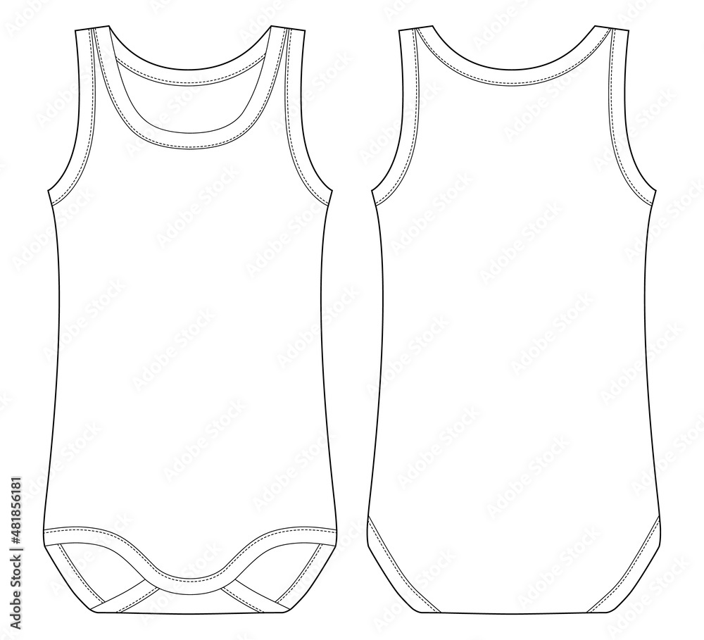 Baby sleeveless body. Infant tank top technical sketch. Children bodysuit. Underwear outline. Baby sleeveless body. Infant tank top technical sketch. Children bodysuit. Underwear outline.