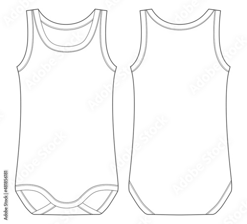 Baby sleeveless body. Infant tank top technical sketch. Children bodysuit. Underwear outline.