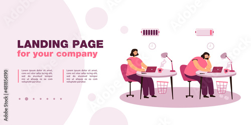 Active or exhausted woman working in office. Flat vector illustration. Set of office girl full of energy and tired, frustrated, bored employee sitting at desk. Burnout syndrome, mental health concept