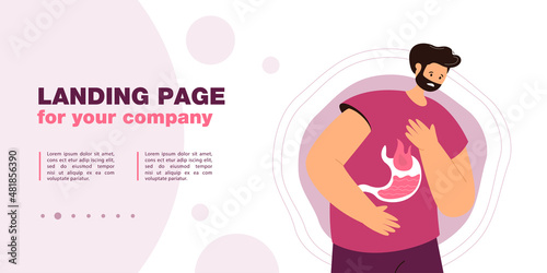Cartoon man having stomachache. Flat vector illustration. Male character struggling from heartburn, reflux, gastritis, bloating, abdominal, pancreas problems. Gastroenterology, disease, health concept