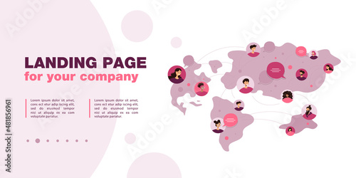 Global communication of people from different countries. Flat vector illustration. World map with men and women talking online by social media around globe. Network, worldwide, Earth, culture concept