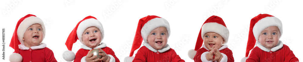 Collage with photos of cute baby on white background, banner design. First Christmas Collage with photos of cute baby on white background, banner design. First Christmas
