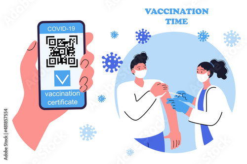 Digital immunomedical certificate. Electronic health passport for vaccination against Covid-19. QR code on the phone for safe travel during the pandemic. Doctor vaccinates patient against coronavirus