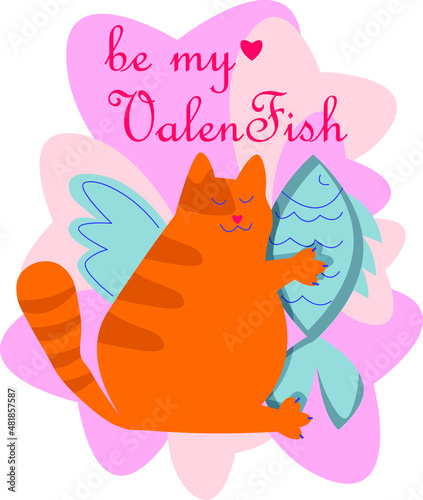 Valentines day greeting card with fat cat holding fish hearts typography