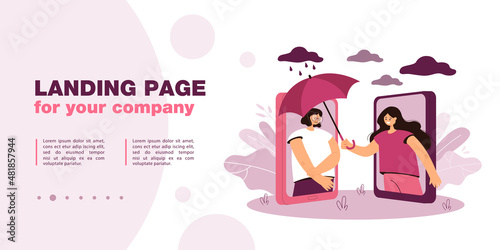 Woman covering sad friend with umbrella over phone. Female character comforting girl flat vector illustration. Mental health, empathy, wellness concept for banner, website design or landing web page