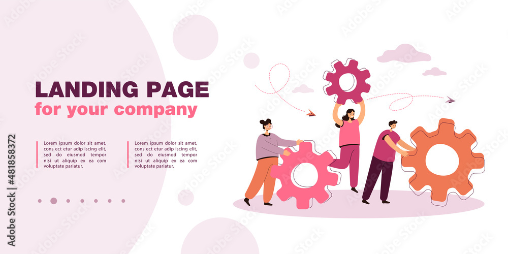 Team of people with gears doing repairs or upgrade. Service organization, business technology flat vector illustration. Teamwork, cooperation concept for banner, website design or landing web page