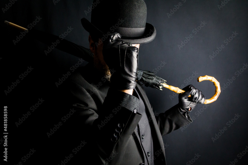 Ταπετσαρία Portrait of Man in Dark Suit Holding Umbrella and Doffing Bowler Hat
