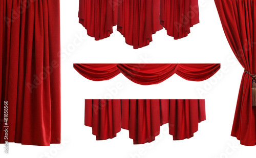 Set with beautiful red curtains on white background photo