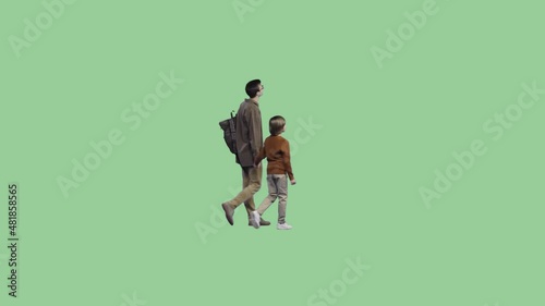 Dad and son are walking hand in hand and looking at something. Cut out on transparent background