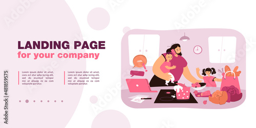 Busy mom holding baby and doing tasks. Woman working, caring for kids, cooking at home, chaos flat vector illustration. Family, motherhood concept for banner, website design or landing web page