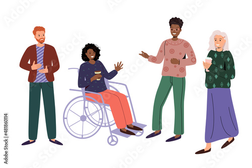 Diverse group of people, entrepreneurs or office workers isolated on white background. Multinational company. A disabled girl sits in a wheelchair. Old and young men and women stand together. Flat vec
