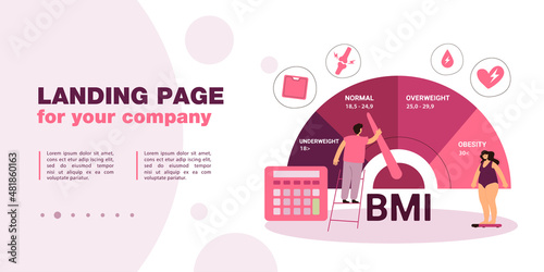 Body mass index of woman standing on scales. Male character measuring body weight with medical chart flat vector illustration. BMI, healthcare, diet concept for banner, website design or landing page