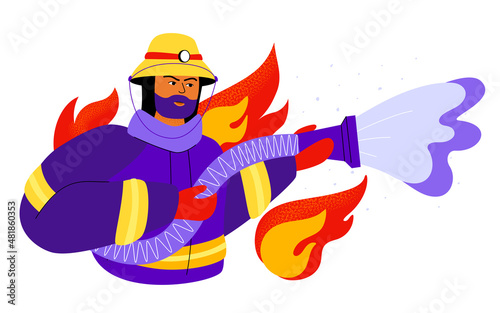 Firefighter extinguishes the fire - colorful flat design style illustration