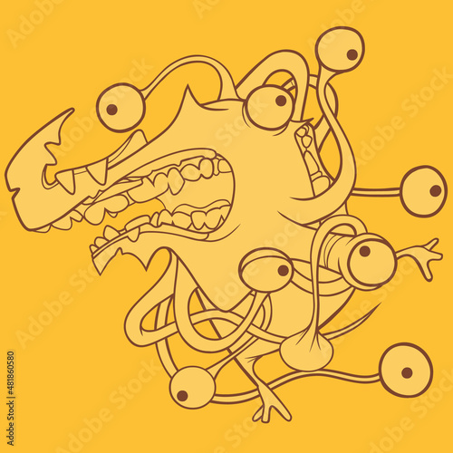 sketch of a cartoon confused multi eyed toothy monster