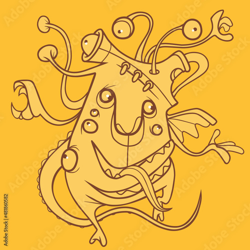 sketch of a cartoon creature with many different eyes mouths and limbs