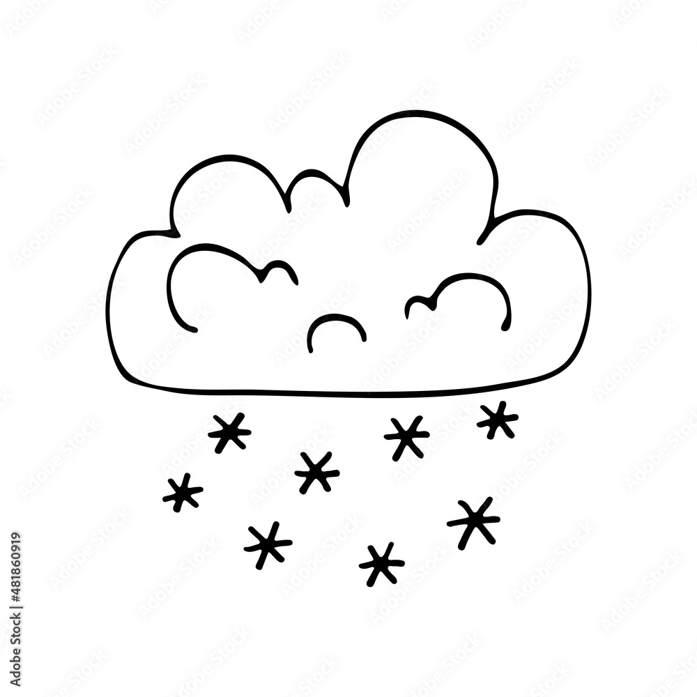 Fototapeta premium The weather is snowy cloudy with snow flakes. Vector doodle cloud. Hand drawn meteorological forecast symbols. Cold winter snowfall season. Thin line web design icon.