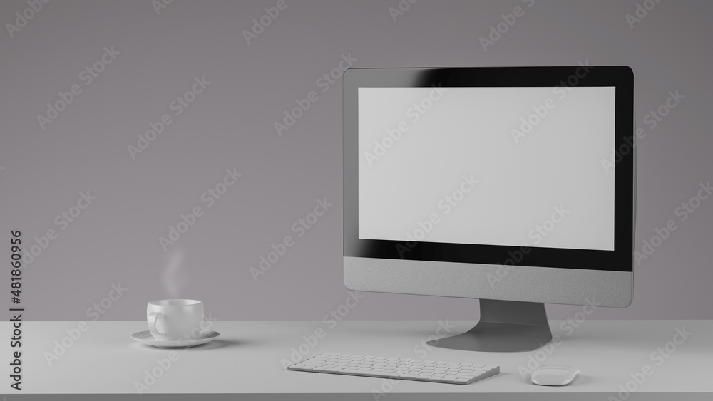Fototapeta premium Blank screen on the desktop computer with a cup of coffee, mock-up, 3D Rendering