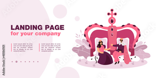Cartoon king and queen sitting on thrones. Royal characters with huge crown in background flat vector illustration. Royalty, fairytale, monarchy concept for banner, website design or landing page