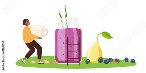 Tiny woman coopking Blueberry pear smoothie. Blueberry smoothie cup with ingredients. Glass cup. Berry, pear, cup of almond milk. For cafe or restaurant menu. Organic raw shake recipe, healthy food