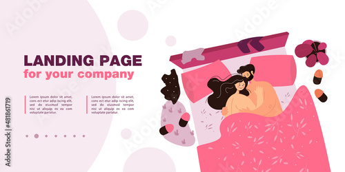 Loving couple lying in bed together. Flat vector illustration. Man and woman cuddling after sex with clothes scattered on floor. Intimacy, sex, love, relationship, romance concept for banner design