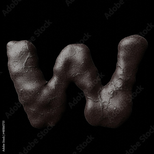 Skin muscle letter W on clean black background isolated dark skin with pores inflated muscles with viens realictic 3D render