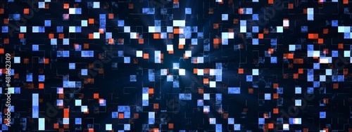Abstract mosaic puzzle background. Texture of squares and lines. Design of technical interference. Maze. White noise. Pixels. Blue color. Glowing rays. Poster technology, social network, websites.