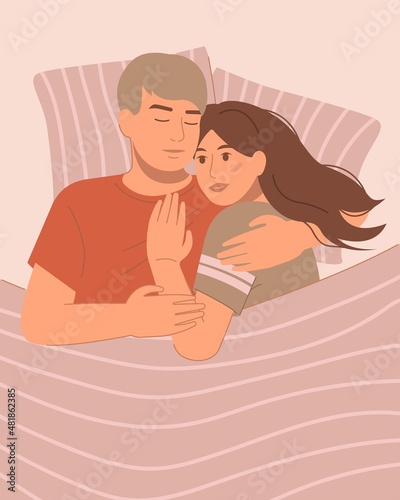 Romantic couple lying in the bed and embracing. Top view. Flat vector illustration