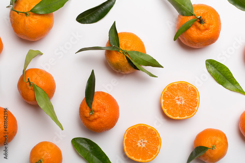 Flat lay with fresh mandarines on color background. Top view