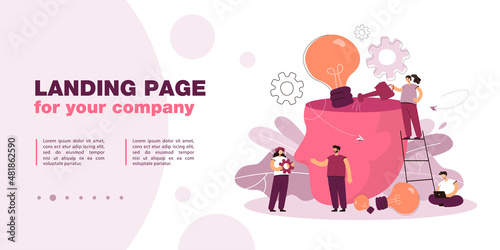 Head of person full of ideas. Tiny creative characters brainstorming together, watering bulbs flat vector illustration. Teamwork, imagination concept for banner, website design or landing web page