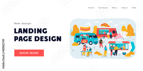Crowd of people at street food fair in summer. Pizza, ice cream and hotdog trucks flat vector illustration. Street market, fast food, event concept for banner, website design or landing web page