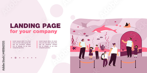Children with parents in oceanarium. Flat vector illustration. Kids and adults walking in zoo and watching ocean fish in aquarium. Family, zoo, ocean, animal, nature concept for banner design