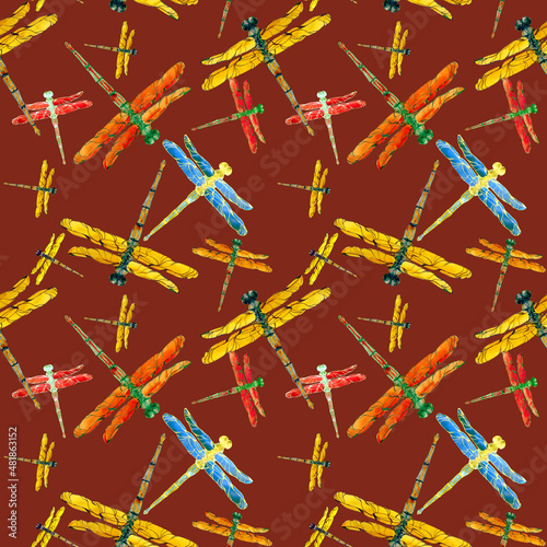 Watercolor handdrawn dragonflies in seamless pattern on red background. Design for textile, covers, backgrounds and packaging. Psychedelic trendy illustration.