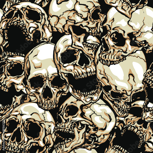 Vector seamless pattern of a mass of skulls. Hand drawn vector illustration in modern style tattoo.