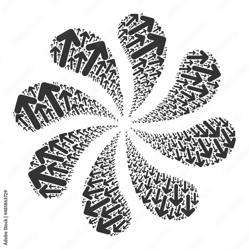 Move arrow icon centrifugal spin flower salute composition. Turbine centrifugal explosion designed from random move arrow symbols.