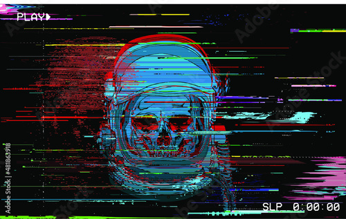 Vector Digital Glitch Astronaut Skull Illustration in the style of corrupted digital graphics and old VHS tape style.