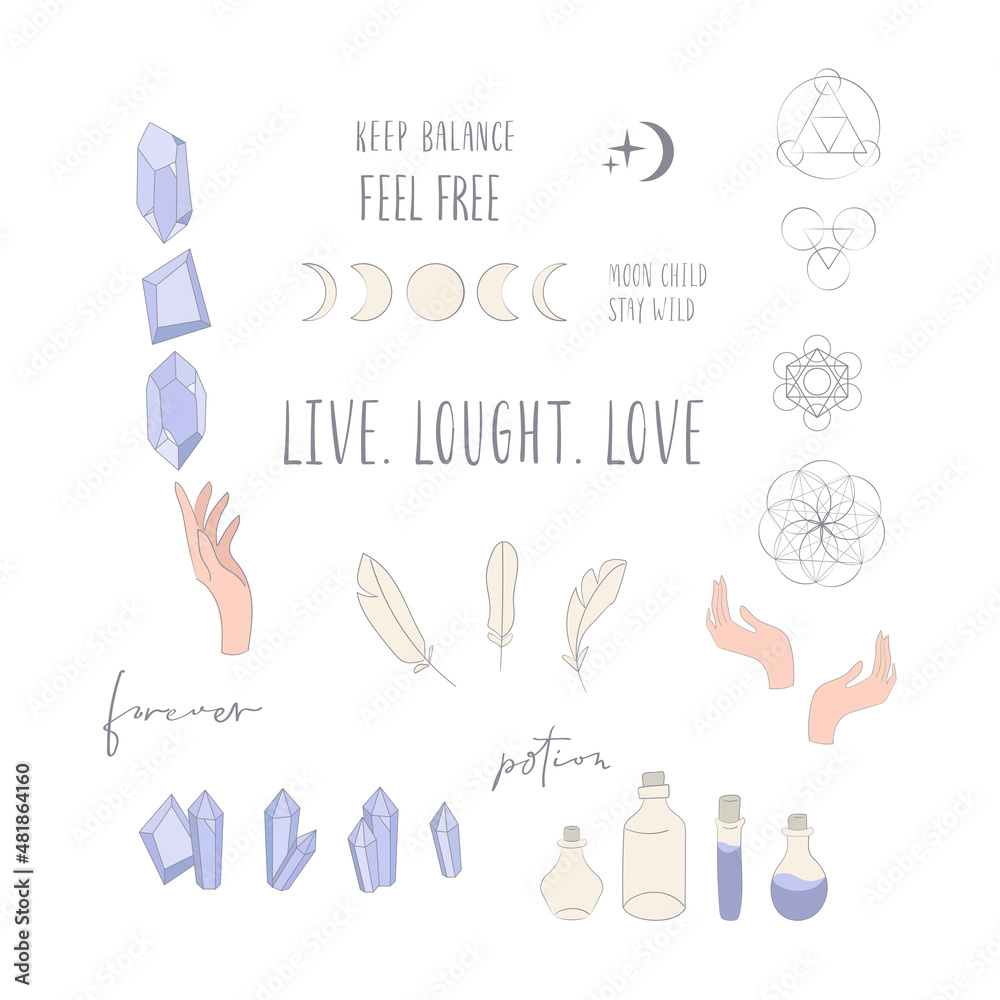 Boho Collection with hand, crystal and symbols vector de Stock | Adobe Stock