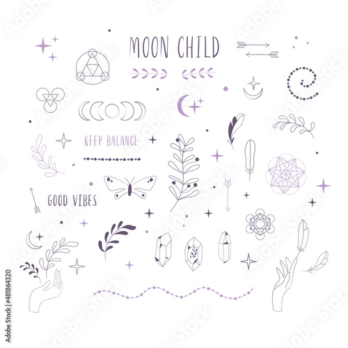 Boho Witch and Magic Collection with hand, crystal and symbols