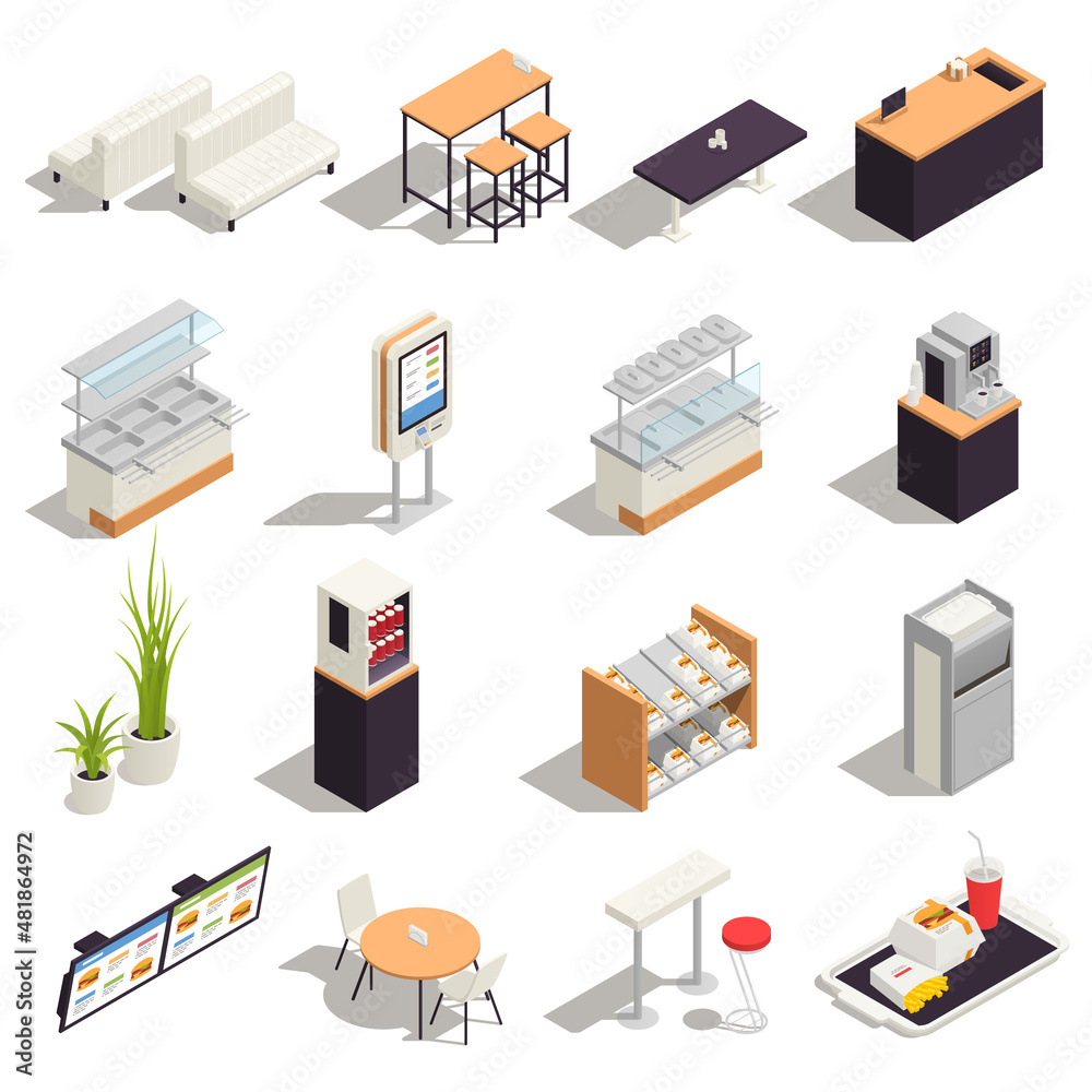 Food Court Colored Isometric Icon Set